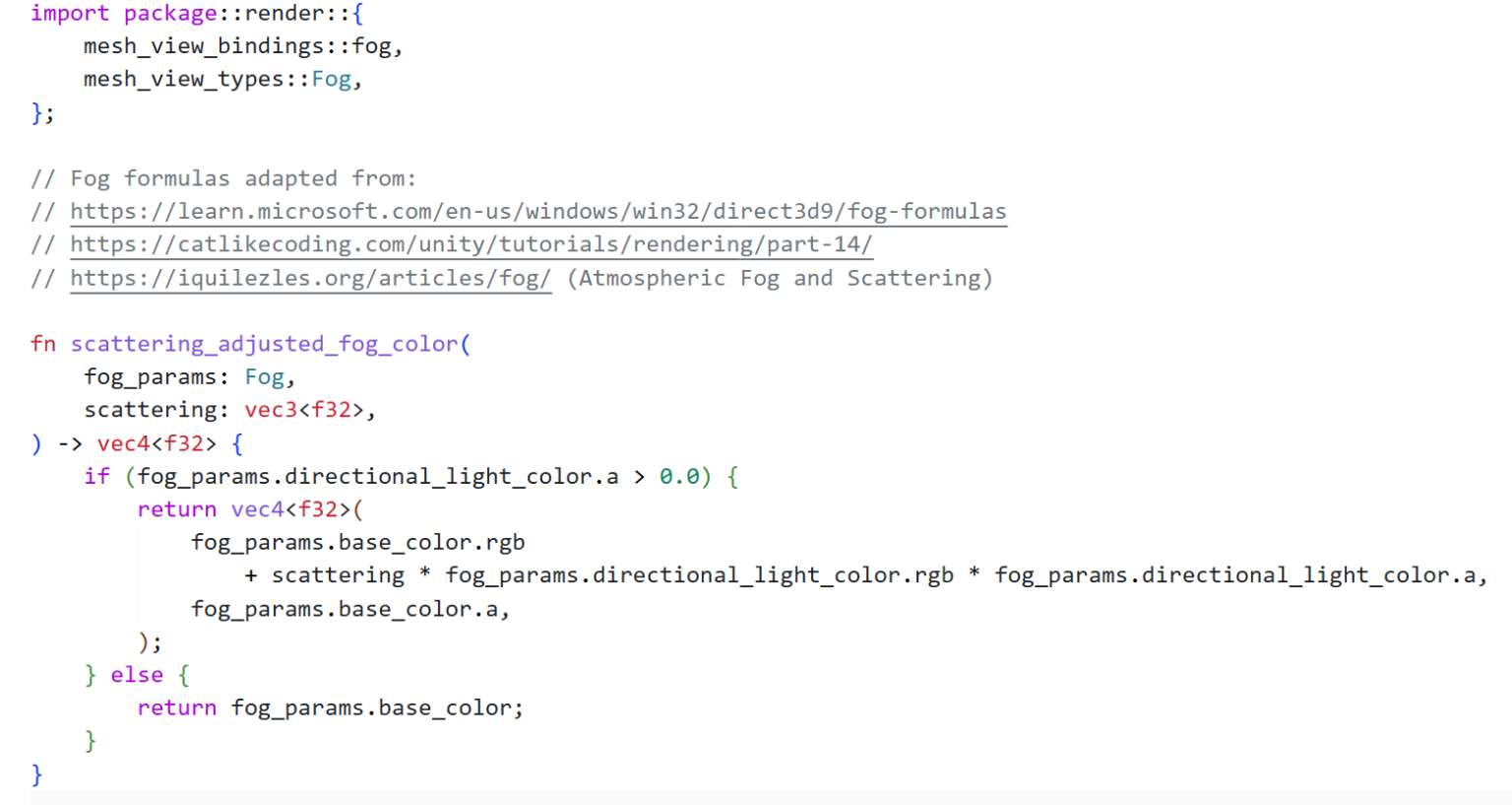 A Bevy fog shader with WESL syntax highlighting